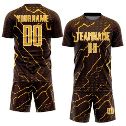 Sports Custom Gold-White Lightning Sublimation Brown Jersey Uniform Soccer