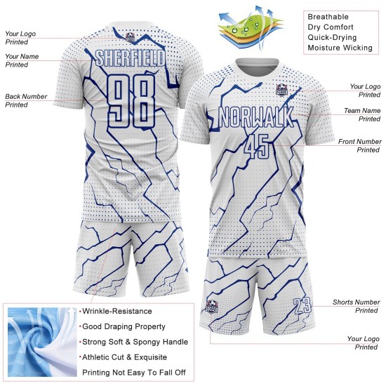 White Royal Jersey Sublimation Uniform Lightning Custom Sports Soccer White Royal Jersey Sublimation Uniform Lightning Custom Sports Soccer