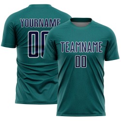 Custom Geometric Teal Jersey Navy-White Soccer Sports Shape Sublimation Uniform