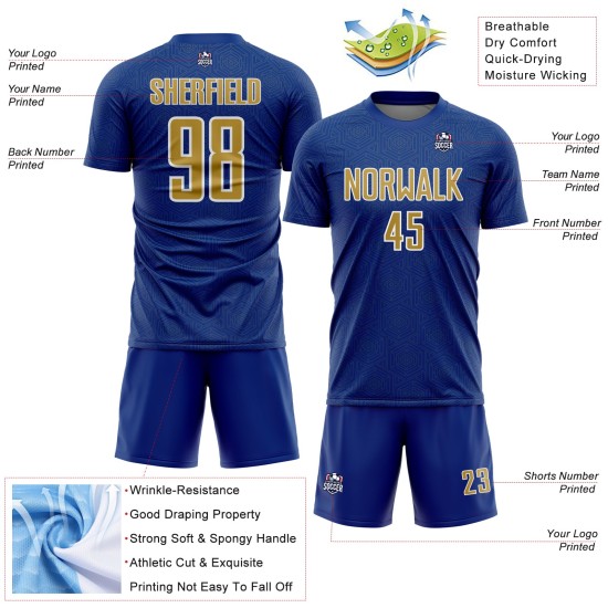 Gold-White Geometric Soccer Shape Royal Old Sports Sublimation Uniform Jersey Custom Gold-White Geometric Soccer Shape Royal Old Sports Sublimation Uniform Jersey Custom