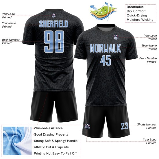 Geometric Light Custom Uniform Sports Sublimation Black Shape Blue-White Jersey Soccer Geometric Light Custom Uniform Sports Sublimation Black Shape Blue-White Jersey Soccer