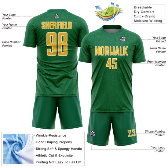 Green Kelly Shape Uniform Jersey Gold-White Custom Sports Soccer Sublimation Geometric Green Kelly Shape Uniform Jersey Gold-White Custom Sports Soccer Sublimation Geometric