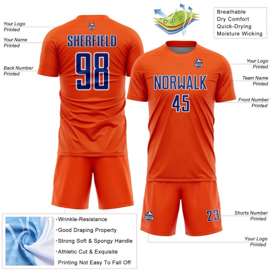 Custom Shape Uniform Sports Geometric Soccer Jersey Sublimation Orange Royal-White
